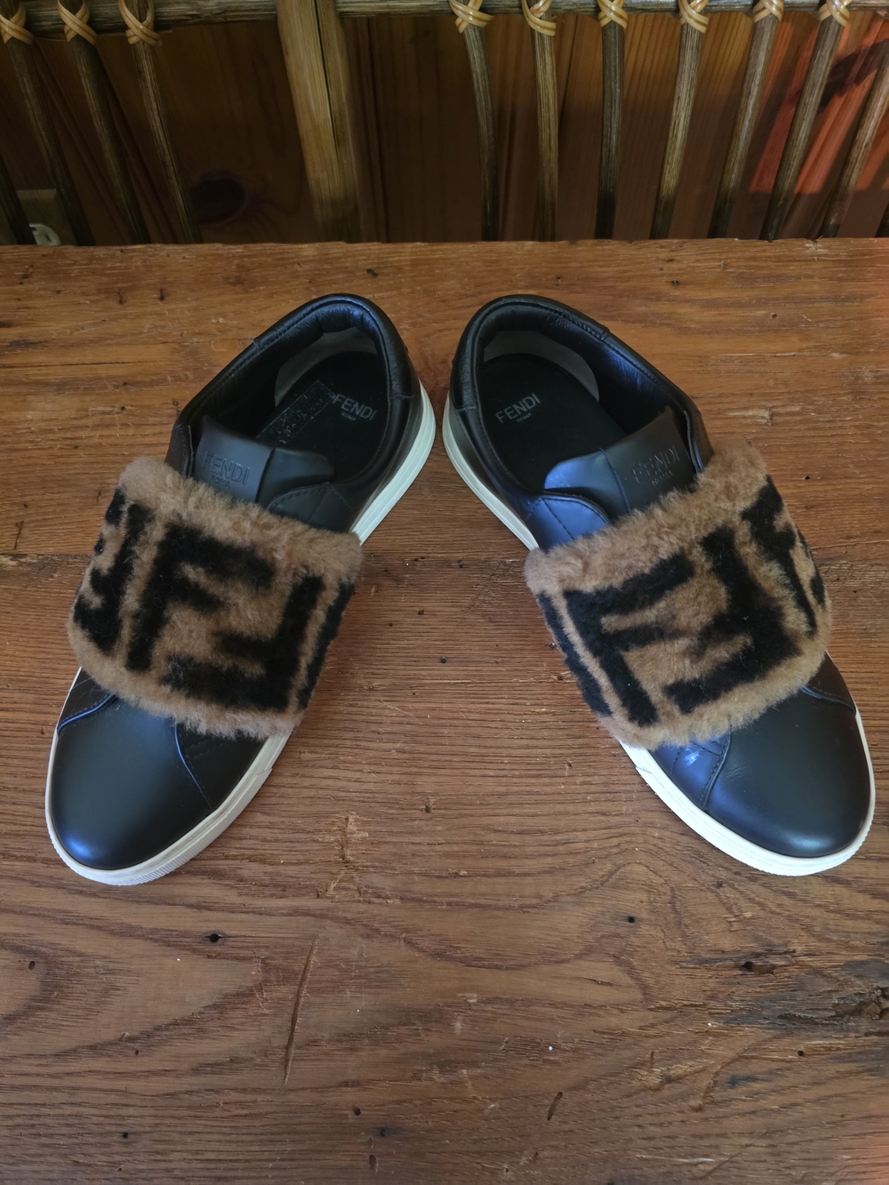Fendi Black Leather Sneakers with Brown Shearling FF Strap - Picture 3 of 16